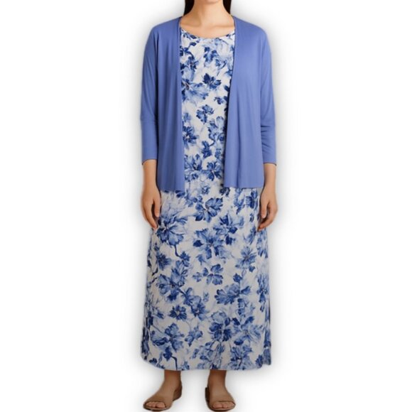 Belle by Kim Gravel Maxi Dress Cardigan Set Blue Floral Knit Womens Size Medium - Picture 11 of 11
